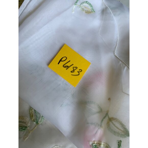 Sheer White Embroidered Curtain Panels with Pink Floral Design Scalloped Edges - Picture 9 of 9